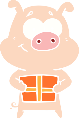 Mutlu düz renkli çizgi film domuz elinde bir insan tarafından çizilmiş Noel hediyesi.