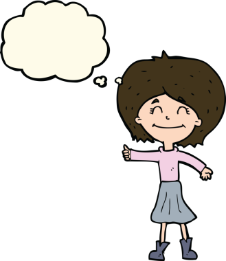 çizgi film mutlu kız bir insan tarafından çizilmiş düşünce baloncuğu ile başparmak işareti veren