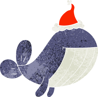 Bir insan tarafından çizilmiş Noel Baba şapkası giyen bir balinanın el çizimi karikatürü.