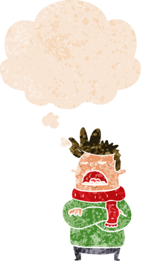 Homurdanan düşünce baloncuğu olan iğrenç bir çizgi film karakteri, bir insan tarafından çizilmiş tedirgin bir eski tarz.