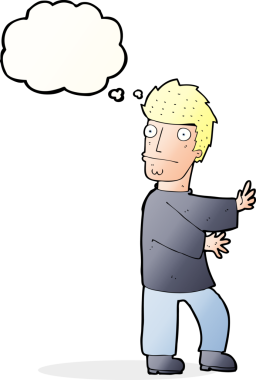 Bir insan tarafından çizilmiş düşünce baloncuğu olan sinirli bir adam.