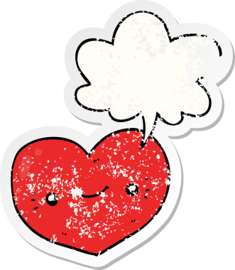 Konuşma baloncuğu olan kalp çizgi film karakteri bir insan tarafından çizilmiş sıkıntılı eski bir çıkartma