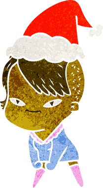 Hipster saç kesimli bir kızın insan tarafından çizilmiş Noel Baba şapkası taktığı hoş bir el çizimi.