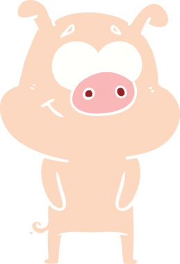 Bir insan tarafından çizilmiş mutlu düz renkli çizgi film domuzu