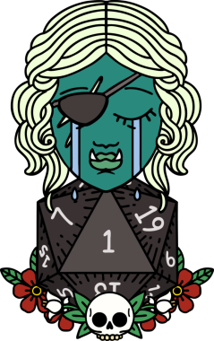 Retro Dövme Tarzı Ağlama Yarı Ork haylaz karakter Doğal bir D20 rulo ile bir insan tarafından çizilmiş