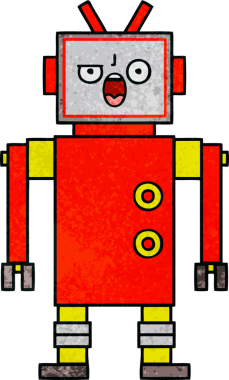 Bir insan tarafından çizilmiş kızgın bir robotun retro grunge desen karikatürü