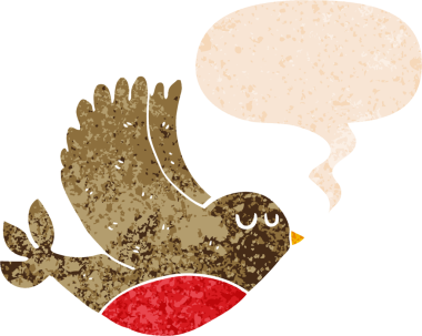 Konuşan baloncuklu uçan kuş dertli retro desenli bir insan tarafından çizilmiş.