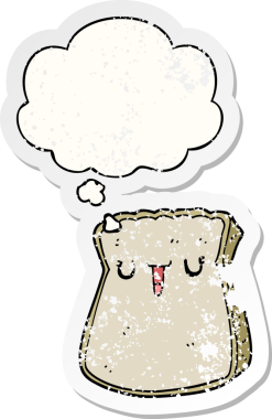 Düşünce baloncuklu bir ekmek dilimi insan tarafından çizilmiş yıpranmış bir çıkartma gibi.