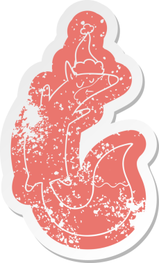 Bir insan tarafından çizilmiş Noel Baba şapkası giymiş zıplayan tilki çıkartması.