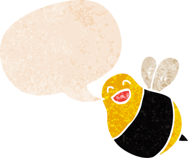 Konuşma baloncuğu olan çizgi film arısı bir insan tarafından çizilmiş dertli retro desenli.