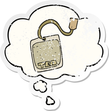 Düşünce baloncuklu karikatür çay poşeti insan tarafından çizilmiş yıpranmış bir çıkartma.