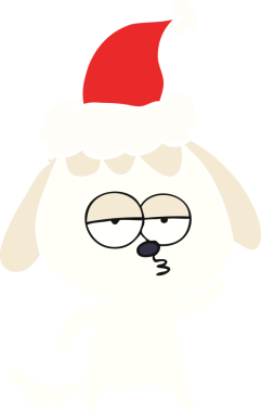 Bir insan tarafından çizilmiş Noel Baba şapkası takan sıkılmış bir köpeğin düz renkli çizimi.