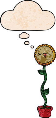 Bir insan tarafından çizilmiş grunge desenli düşünce baloncuklu ayçiçeği çizgi filmi.