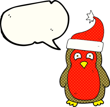 El yazısıyla çizilmiş çizgi roman konuşma balonu, noel robin, bir insan tarafından çizilmiş Noel şapkası.