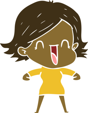 Bir insan tarafından çizilmiş düz renkli mutlu kadın çizgi filmi.