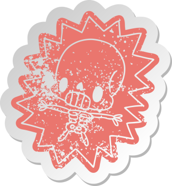 Sıkıntılı eski çizgi film çıkartması Kawaii bir insan tarafından çizilmiş iskelete elektrik verdi.