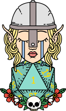 Retro Tattoo Tarzı Üzgün Elf Savaşçısı Karakteri Bir insan tarafından çizilmiş d20 ruloyla