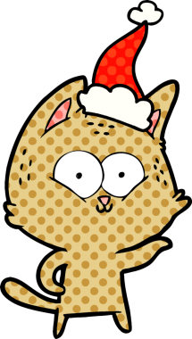 Bir insan tarafından çizilmiş Noel Baba şapkası takan bir kedinin el çizimi çizgi roman tasviri