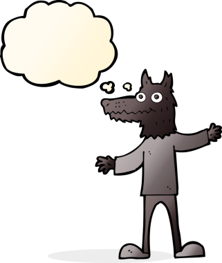 Bir insan tarafından çizilmiş düşünce balonlu bir kurt adam.