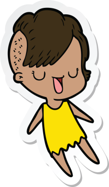 Hipster saç kesimi bir insan tarafından çizilmiş şirin bir çizgi film kızına ait etiket.