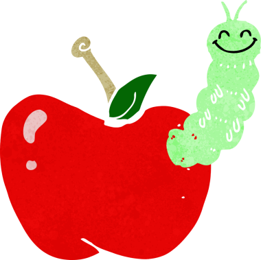 Bir insan tarafından çizilmiş elma yiyen çizgi film böceği.