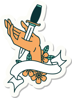 Bir insan tarafından çizilmiş eline hançer işareti olan dövme stili çıkartması.