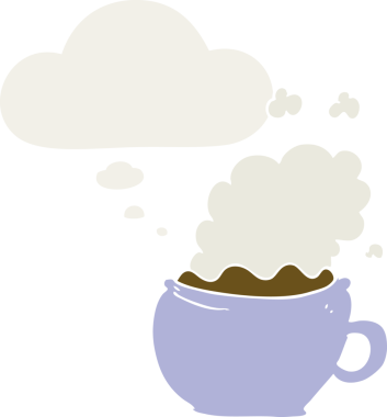 Düşünce baloncuklu bir fincan sıcak kahve insan tarafından çizilmiş.