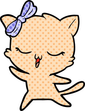 Bir insan tarafından çizilmiş kafasında yay olan dans eden bir kedi.