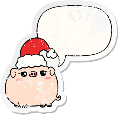 Konuşma balonlu Noel şapkası takan çizgi film domuzu bir insan tarafından çizilmiş sıkıntılı eski bir çıkartma