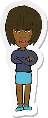 Çizgi film çıkartması. Bir insan tarafından çizilmiş rahatsız bir kadın.