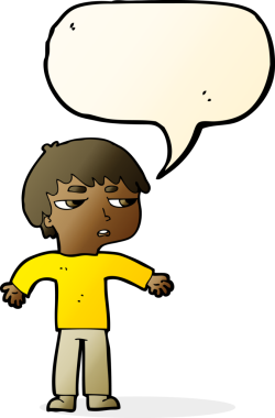 Bir insan tarafından çizilmiş konuşma baloncuğuyla sinirlenmiş bir çocuk.