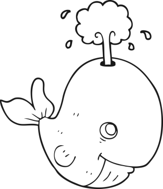 Bir insan tarafından çizilmiş siyah beyaz çizgi film balinası.