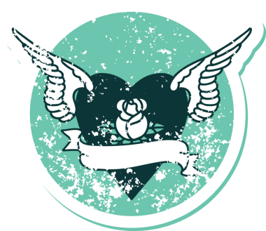 İkonik ıstıraplı dövme stili kanatlı kalp resmi bir insan tarafından çizilmiş bir gül ve bayrak.