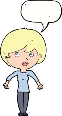 Bir insan tarafından çizilmiş konuşma baloncuğuyla omuz silken çizgi film kadını.