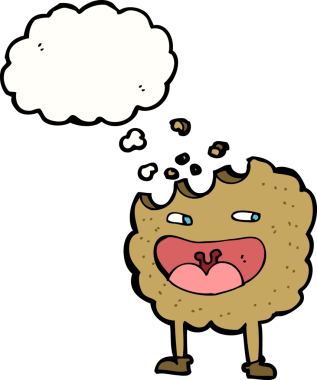 Bir insan tarafından çizilmiş düşünce kabarcığı olan kurabiye çizgi film karakteri