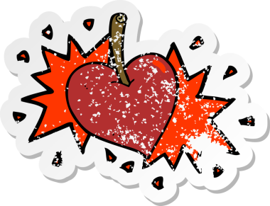 Bir insan tarafından çizilmiş aşk kalp kirazı çizgi filminin kederli retro yapıştırması.