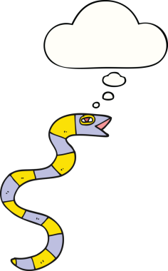 Bir insan tarafından çizilmiş düşünce baloncuklu çizgi film yılanı.