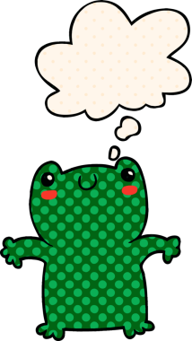 Çizgi roman tarzında düşünce baloncuğu olan çizgi film kurbağası.