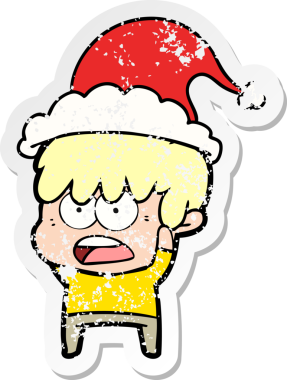 Endişeli bir el, bir insan tarafından çizilmiş Noel Baba şapkası takan bir çocuğun üzgün çıkartmasını çizdi.