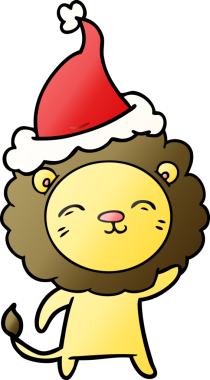 Bir insan tarafından çizilmiş Noel Baba şapkası giymiş bir aslanın el çizimi karikatürü.