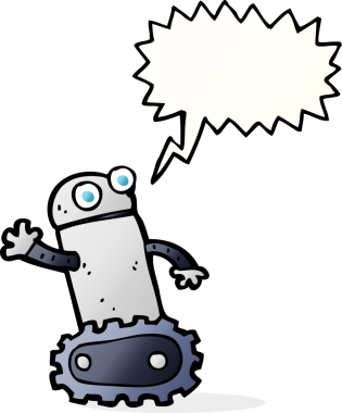 Bir insan tarafından çizilmiş konuşma balonu olan çizgi film robotu.