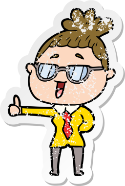 Bir insan tarafından çizilmiş gözlük takan mutlu bir kadının sıkıntılı çıkartması.