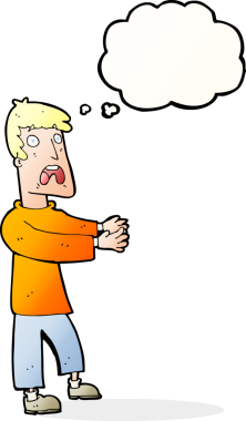 Bir insan tarafından çizilmiş düşünce baloncuğuyla dehşete düşmüş bir adam.