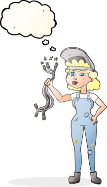 Bir insan tarafından çizilmiş serbest çizim balon karikatür elektrikçisi kadın.