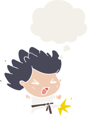 Bir insan tarafından çizilmiş düşünce baloncuğuyla karate şampiyonu.