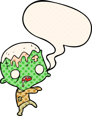 Bir insan tarafından çizilmiş çizgi roman tarzı konuşma balonu olan şirin bir zombi çizgi filmi.