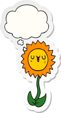 Düşünce baloncuklu karikatür çiçeği insan tarafından çizilmiş bir çıkartma gibi.