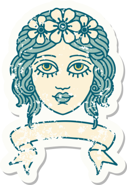 Bir insan tarafından çizilmiş çiçek taçlı bayrak takılmış eski bir çıkartma.