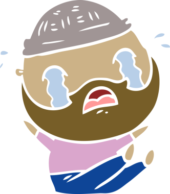 Düz renkli çizgi film sakallı adam bir insan tarafından çizilmiş ağlıyor.