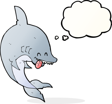 Bir insan tarafından çizilmiş düşünce baloncuklu komik köpek balığı.